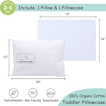 ZPECC Toddler Pillow with Pillowcase - 13x18 Organic Cotton Hypoallergenic Kids Pillow, Baby Essentials for Travel Crib Daycare Stroller (Intended for Age 2 and up) White Stripe