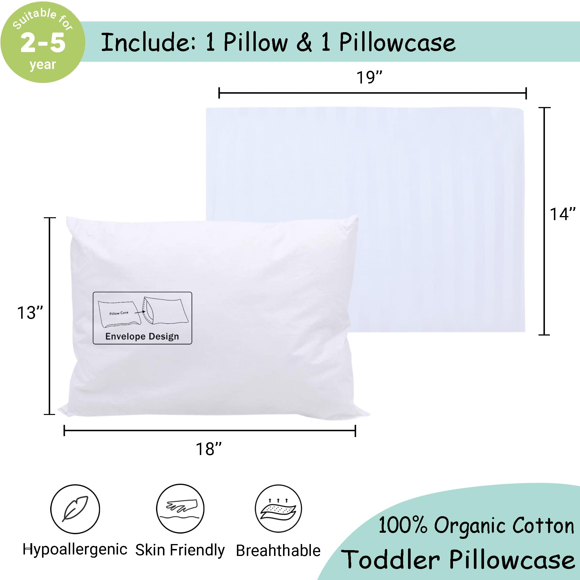 ZPECC Almohadas para niños pequeños con Funda de Almohada, hipoalergénicas, de 0 a 15,57 x 45,7 cm, Lavables a máquina, con Kit de Viaje