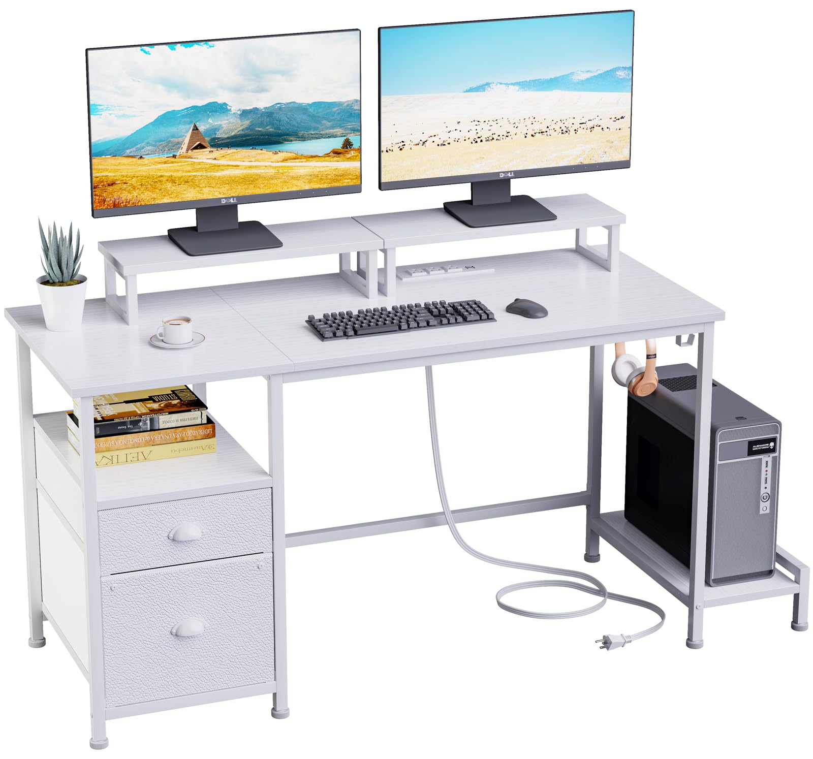 Furologee 47" Computer Desk with File Cabinet and Power Outlets, Home Office Desk with 2 Monitor Stands and Storage Drawer, Writing Gaming Table with Shelves and 2 Hooks for Bedroom, White