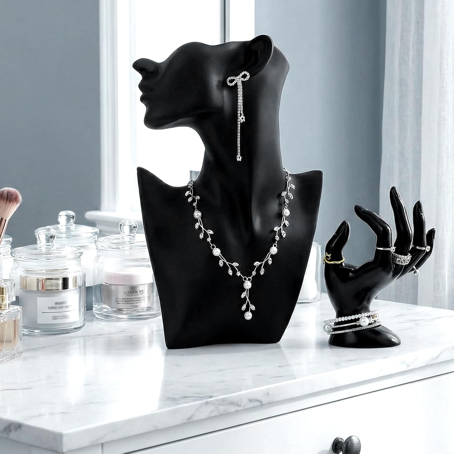 2-Piece Resin Jewelry Mannequin Display Set with Boutique Bust Holder and Hand Ring Stand for Necklace Earring Bracelet Pendant Showcase (Black)
