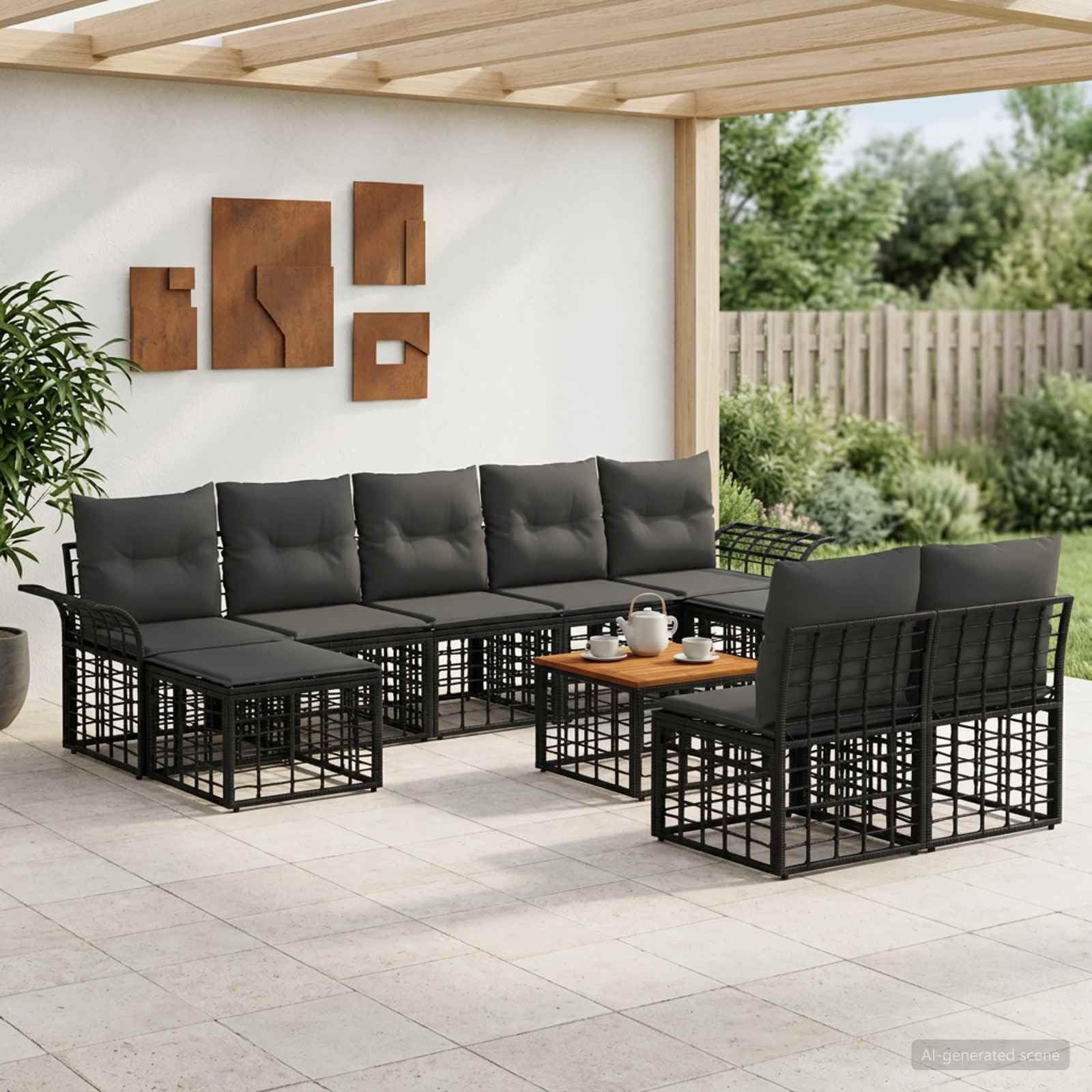 Ensemble de canapés d extérieur 10 pcs Noir Gris foncé Poly rotin Cadre Acier 55 x 55 x 37 cm pour Jardin terrasse Balcon, modulable Assise Confortable