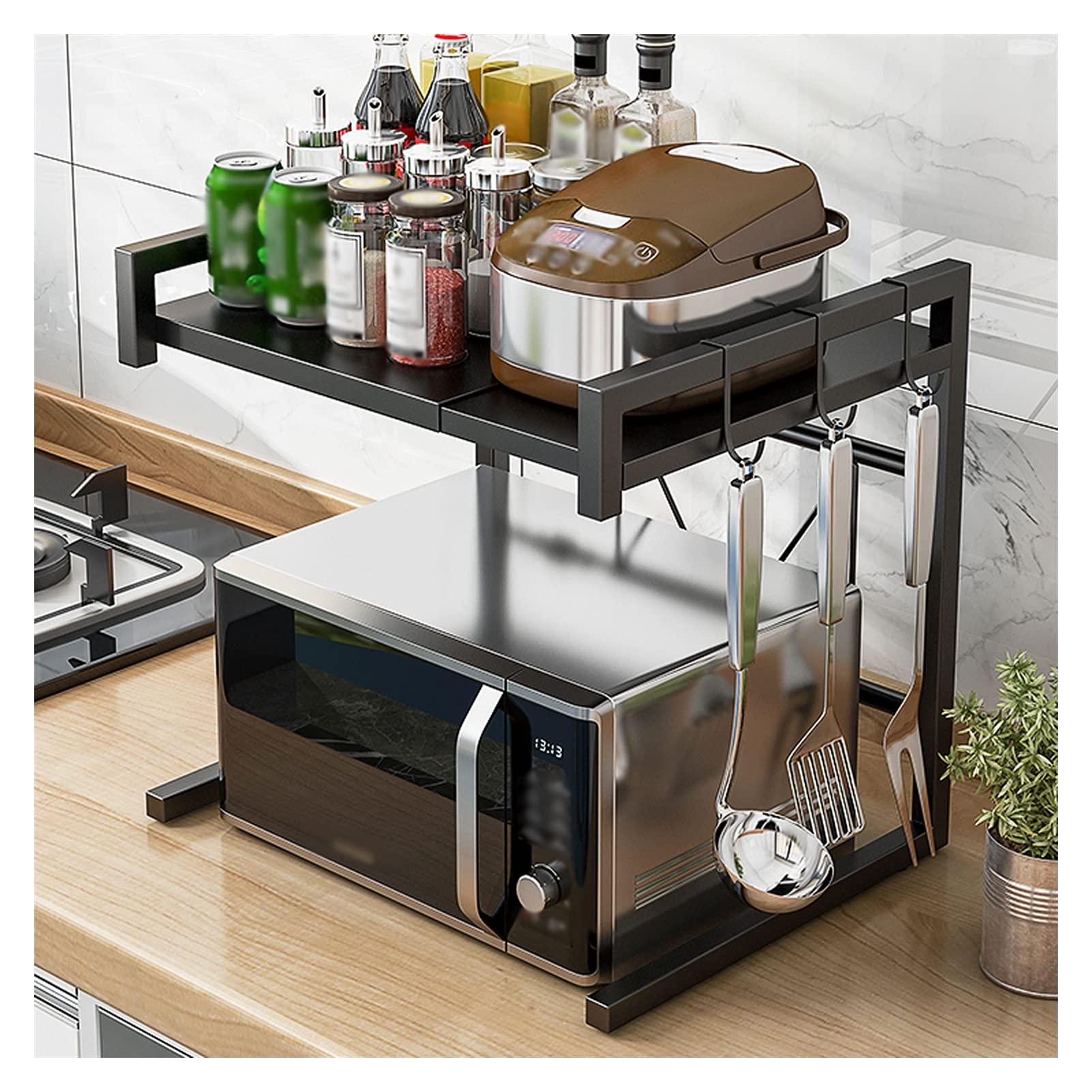 Henmeili Mensola Microonde Estensibile 40-65 cm, Regolabile Due Livelli Microonde Scaffale, Acciaio Carbonio Ripiano Contatore Cucina Organizzatore Ripiani, 6 Ganci, Carico Pesante 60lbs (Nero