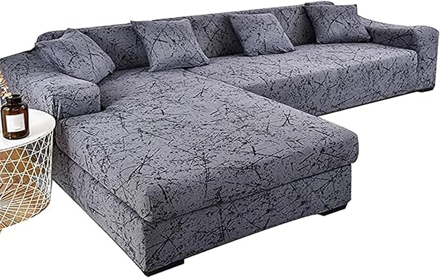Stretch Sofa Slipcover L Shape Sectional Couch Cover 2 pcs Printed Spandex Non Slip Sofa Covers with Elastic Bottom for 3 Seat Sofa + 3 Seat Chaise,Furniture Protector for Pets Kids Children Dog