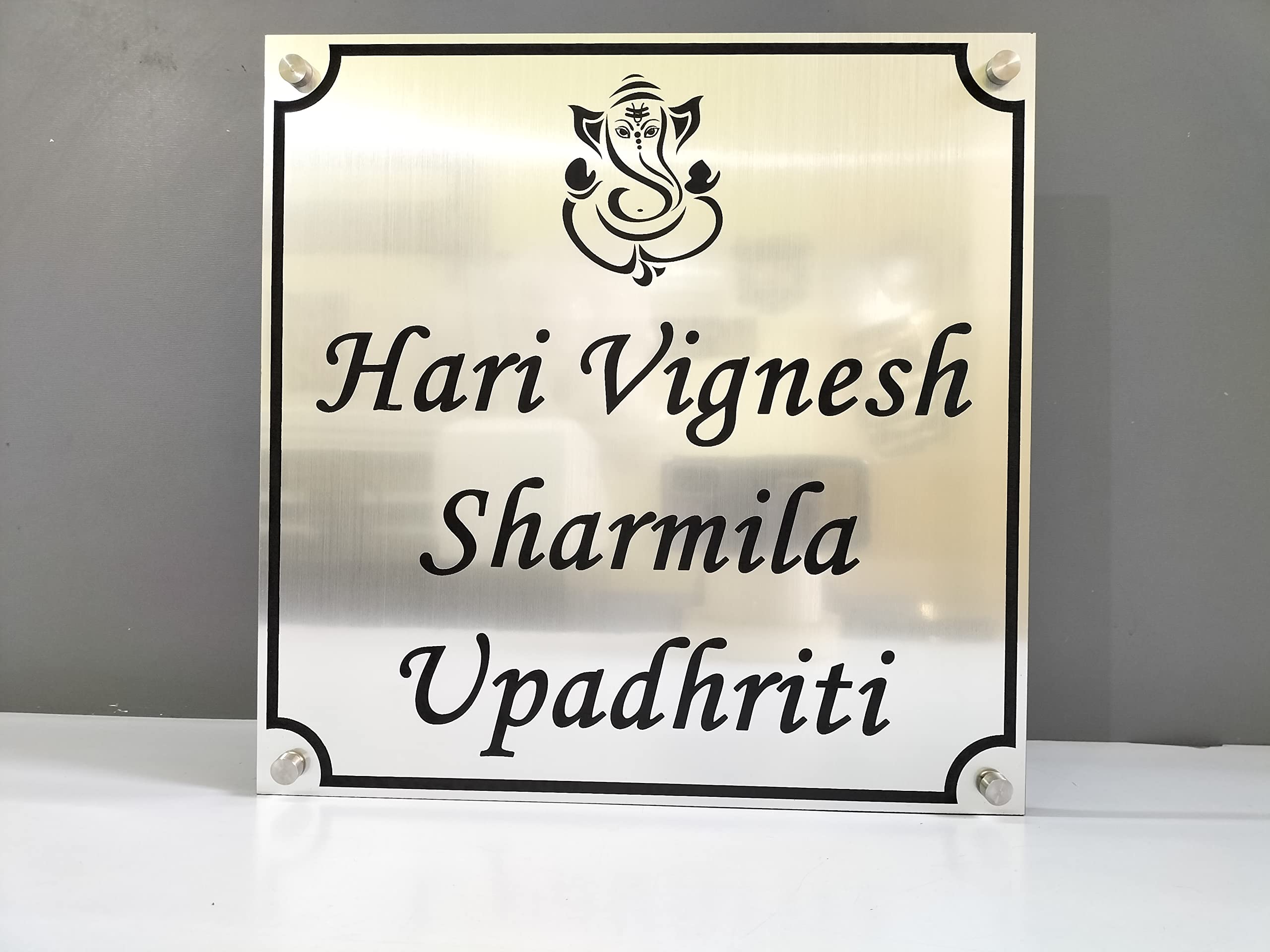 Mkart-12"x10"IN Acrylic Material, Engraved -Logo and Letters and Gnesha Symol, Name Plate for office, Home Door Color-Silver Black