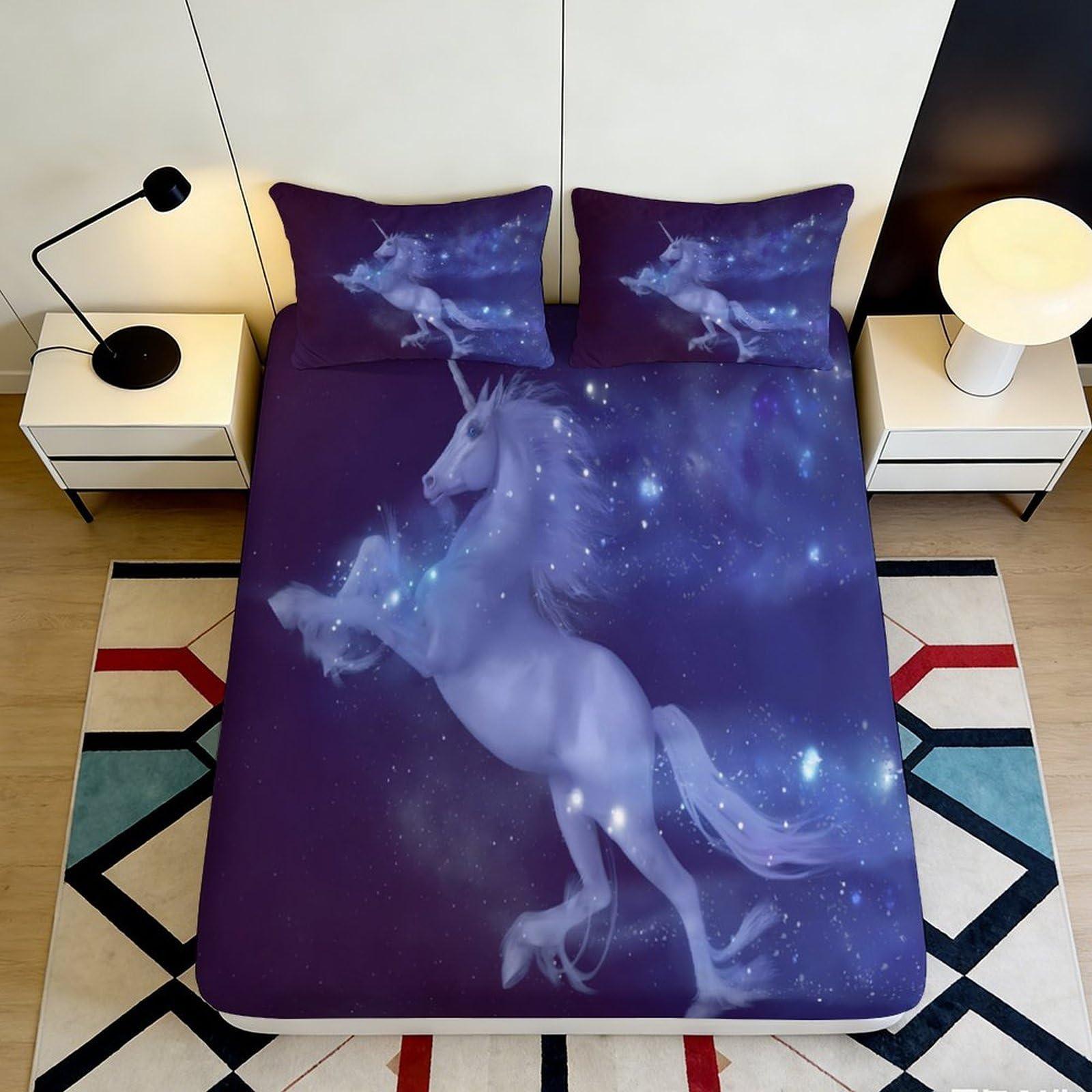 3D Printed Mystic Unicorn Fitted Sheet Microfiber Purple Fantasy Night Mattress Cover for Bedroom Guest Room Bed Decor 90x200x25cm