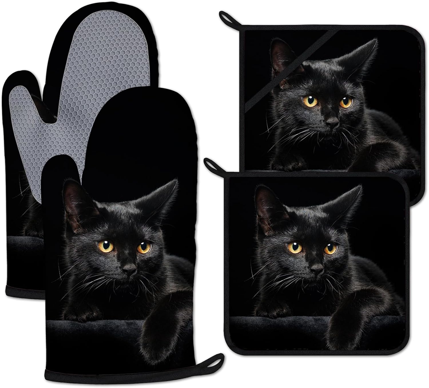 Black Cat Oven Mitts and Pot Holders Sets 4 Pcs Silicone Animal Kitchen Gloves Heat Resistant Potholders for Baking Grilling BBQ