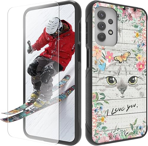 Miniatura 26 de Funda para Samsung Galaxy A13/A04/A04S/A23/A32 5G con protector de pantalla, parte trasera texturizada de policarbonato duro, diseño de flores