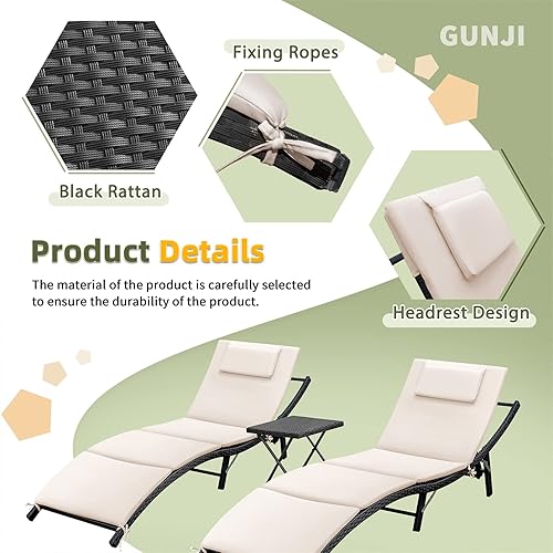 Miniatura 4 de GUNJI - Sillas de recostarse para patio, 3 piezas, modernas y ajustables, para exterior, de mimbre, respaldo de ratán juego de sillas reclinables y