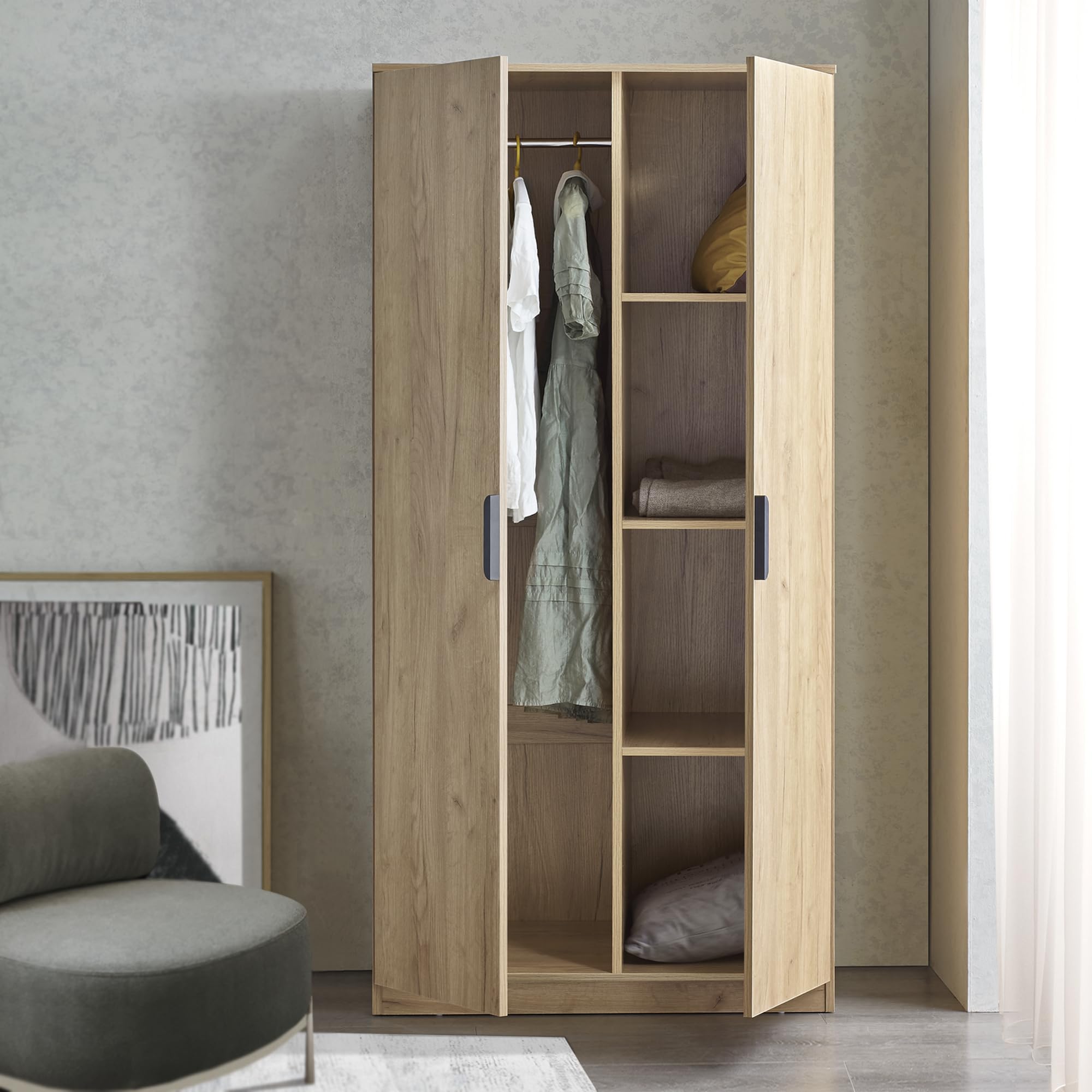 [en.​casa] Armario Dormitorio Eiselfing Armario Ropero Clóset con 2 Puertas 1 Perchero 4 Compartimentos para Dormitorio Vestidor MDF 176 x 80 x 52 cm - Efecto Roble