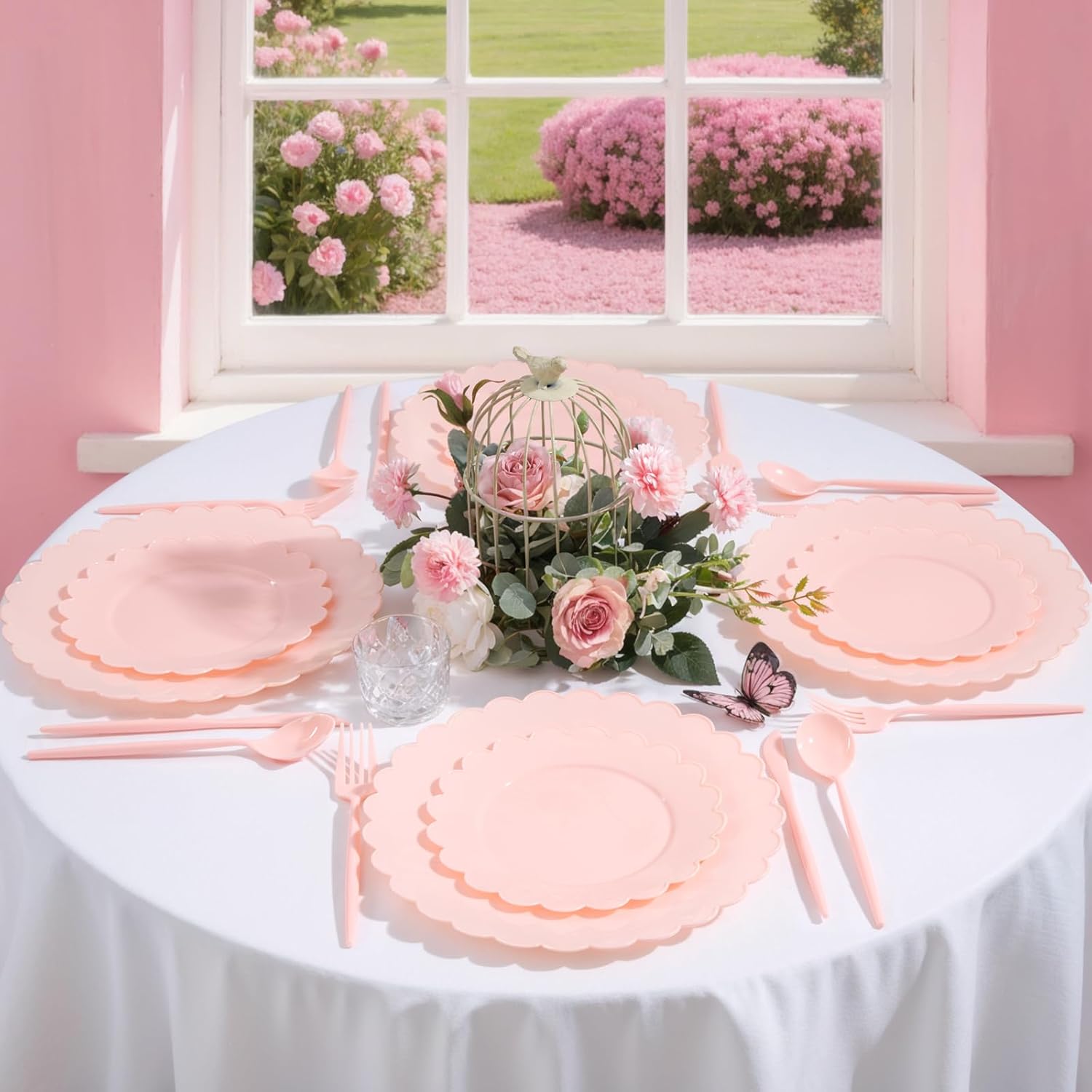 WONDERFUL 150 Pcs Pink Plastic Plates Disposable Plastic Dinnerware Set Pink Plate and Silverware Set Disposable Plates for Party Wedding & Bridal Shower Party Mothers Day Decor 30 Guests