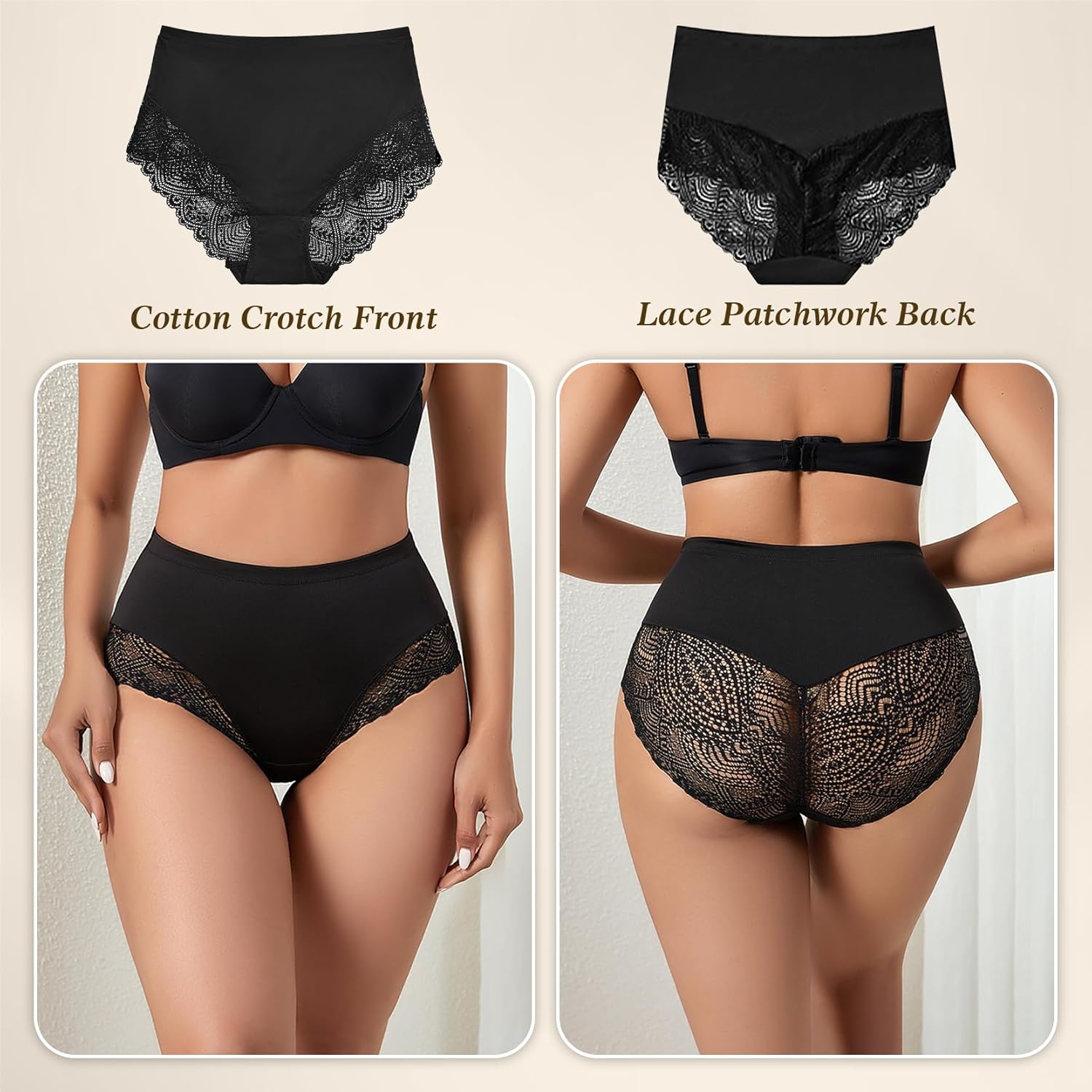 Cevapro High Waisted Underwear for Women Sexy Lace Seamless Panties Full Coverage Soft Stretch Ladies Briefs 5 Pack - Image 2