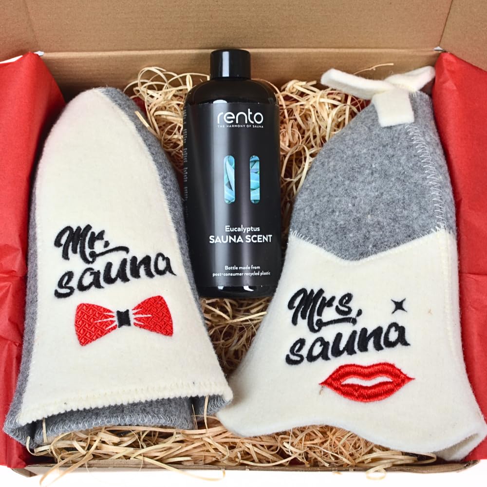 Sauna Geschenkset „Mr & Mrs Sauna“ – 2x Saunahut aus 100% Wollfilz + Eukalyptus Saunaaufguss 400 ml – Premium Sauna Set für Paare – Schutz vor Hitze entspannender Saunaduft, ideales Wellness Geschenk