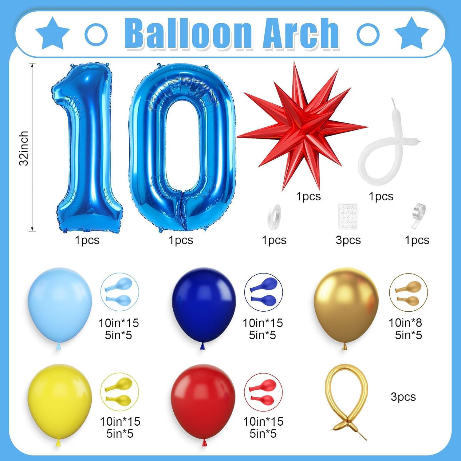 Red Blue Yellow 10th Birthday Balloons Arch, Royal Blue Metallic Gold Balloon Garland Kit, Red Star Foil Blue Number 10 Balloon Tower for 10 Year Old Kids Boys Birthday Baby Shower Party Decorations - Image 2