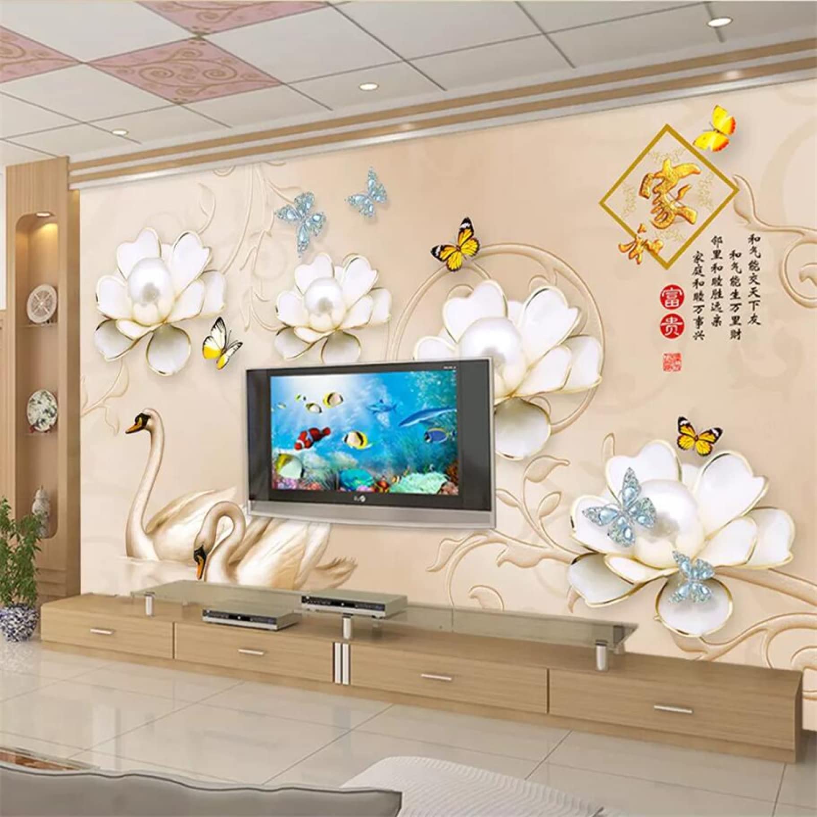 Tapeta 3D do salonu ściana perły i kwiaty szer. 200 x wys. 175 cm tapeta ściana telewizor sofa motyw hotel korytarz tło obraz ścienny dekoracja domu