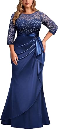 MISSMAY Women's Plus Size Lace Sequin Mermaid Maxi Dress