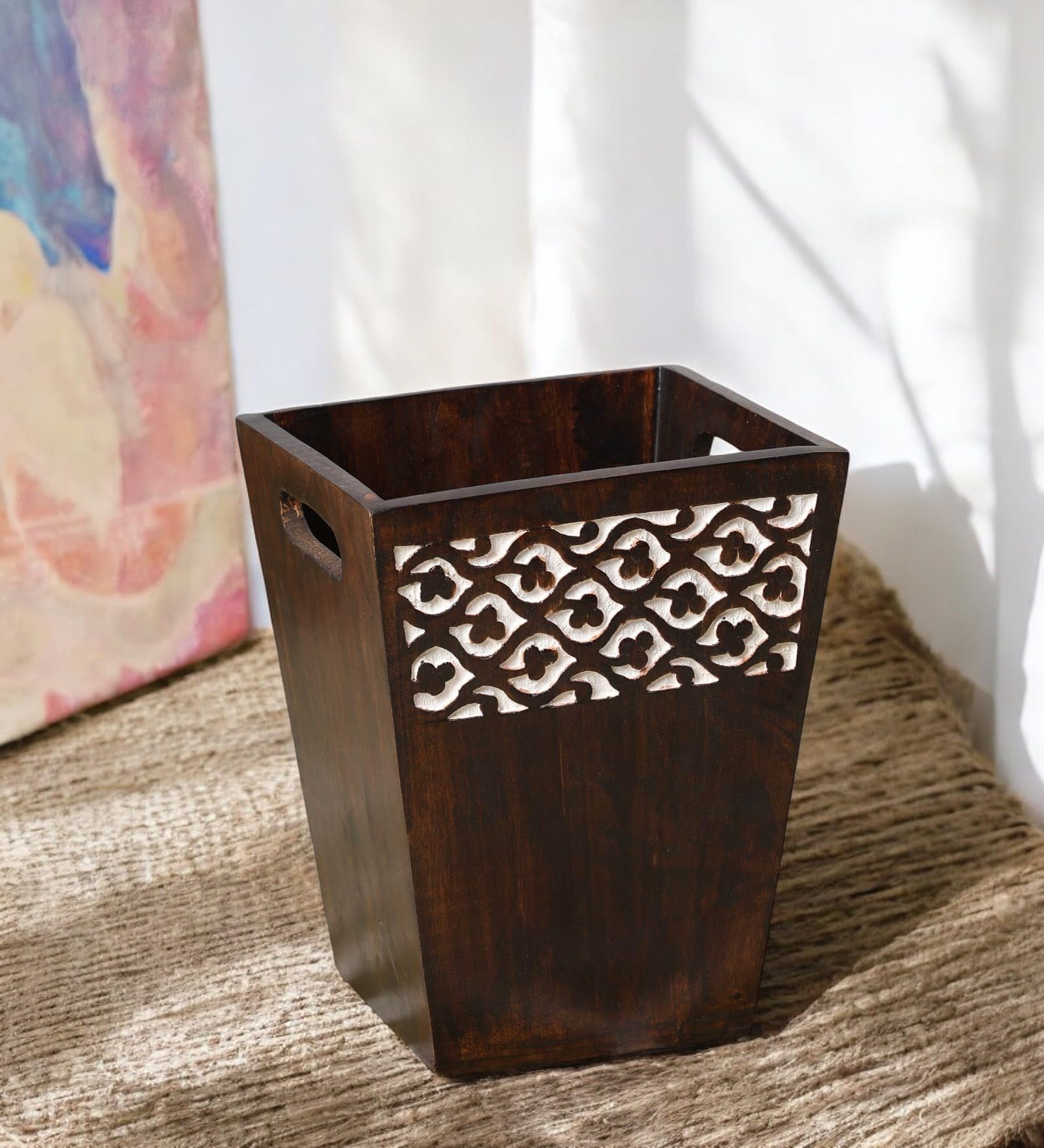 THE URBAN STORE Paper Bin, Dust Bin, Trash Can Wooden Walnut Color 12" x 8" Pack Of One Victorian Style Elegantly Floral Hand Crafted For Home And Office TUSDB01