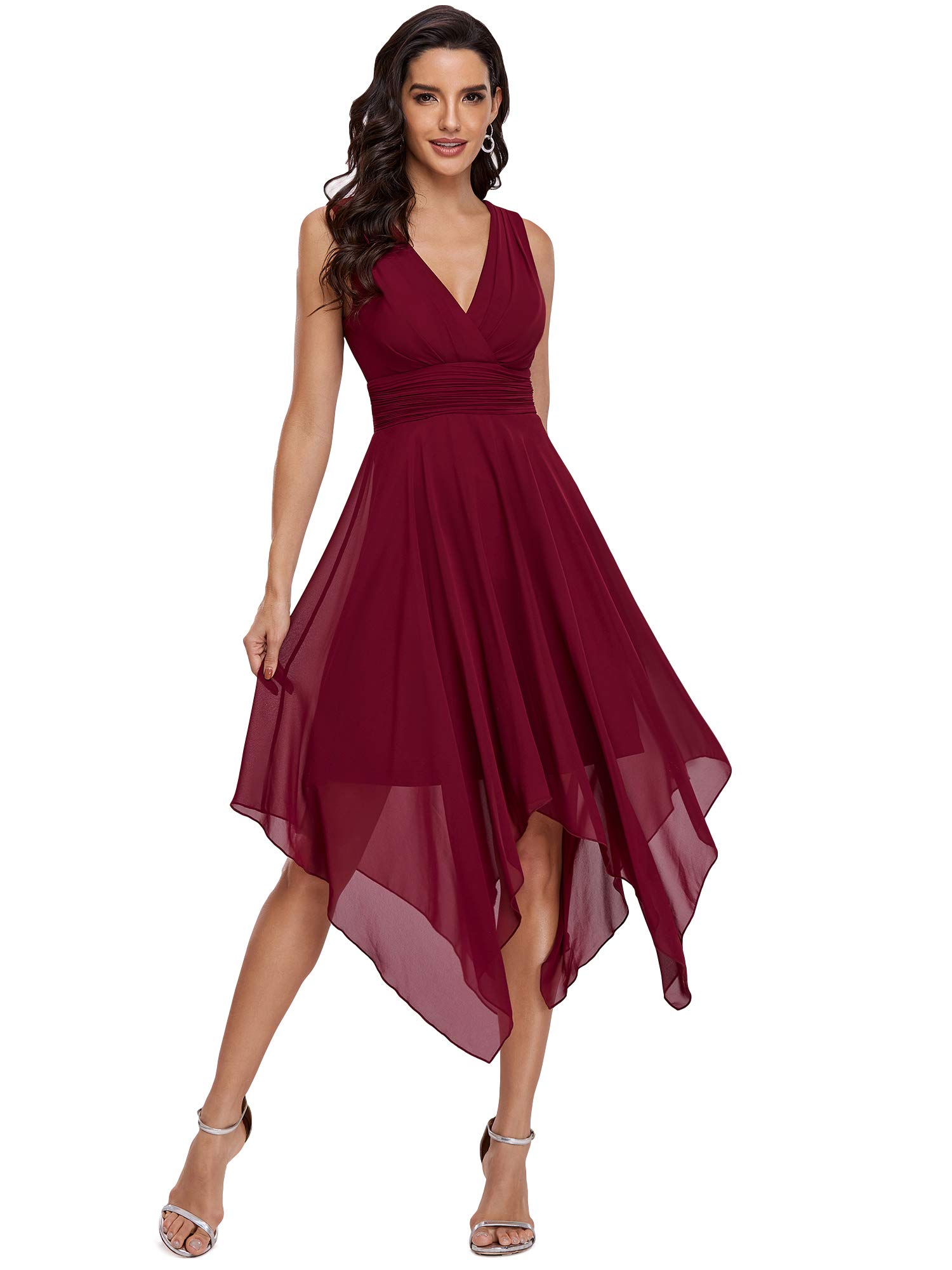 Ever-Pretty Vestido de Noche Escote en V sin Mangas Asimétrico Gasa Plisado para Mujer Burdeos