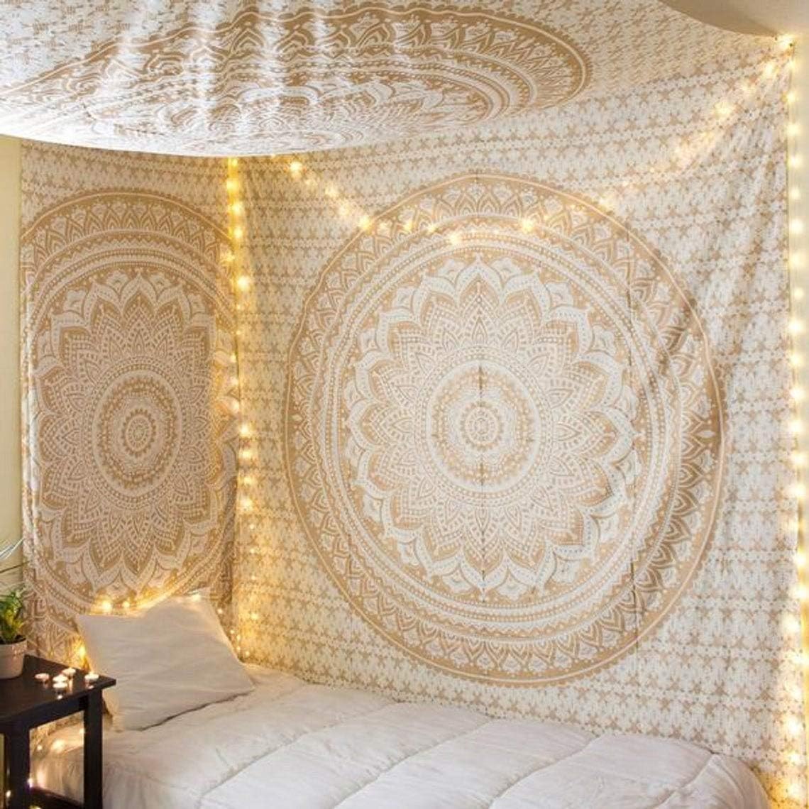THE ART BOX Mandala Wall Hanging Tapestry Gold and White - Large Cotton Wall Blanket for Bedroom Décor, 104 x 90 inches - Image 4