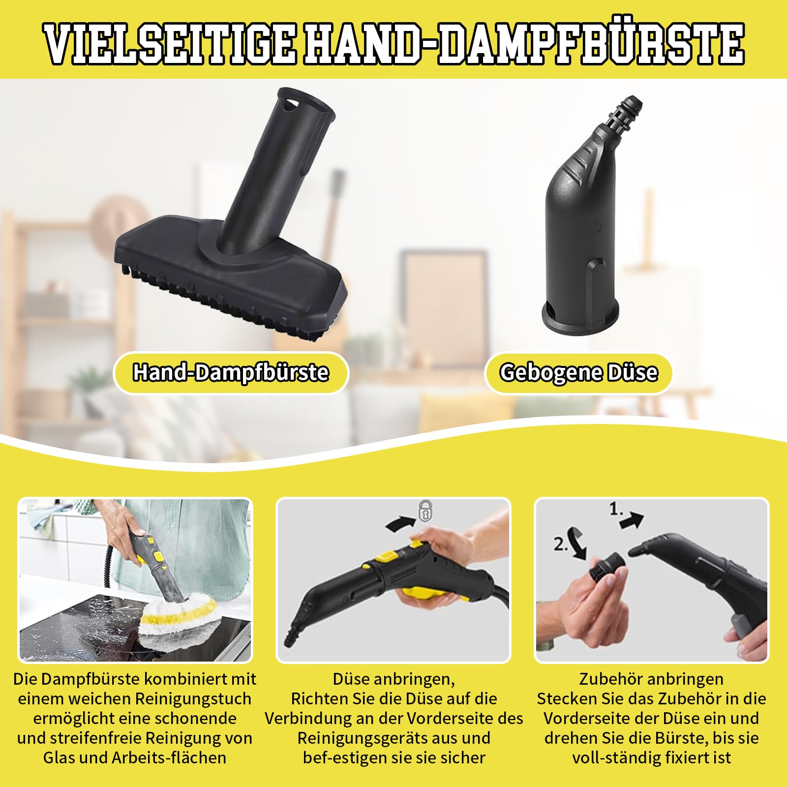 Lot de 11 Accessoires pour Nettoyeur Vapeur Kärcher SC1 SC2 SC3 SC4 SC5 Accessoires, avec brosse ronde, brosse plate, buse incurvée, brosse à vapeur manuelle, grande brosse ronde, housse de chiffon