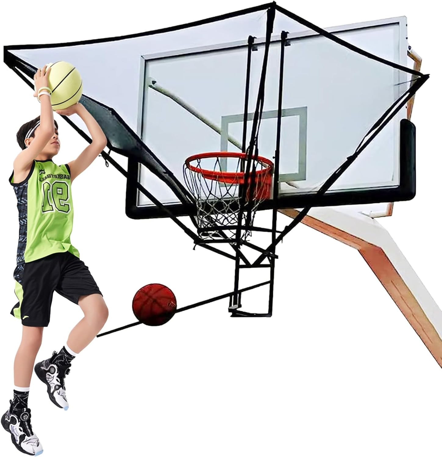 Hanging Basketball Return，Hanging Basketball Return Device, Basketball Shot Returner with Collecting Net Cover, Launching Angle Rotatable 180°, Portable Rebounder Shooting Trainer and Guard