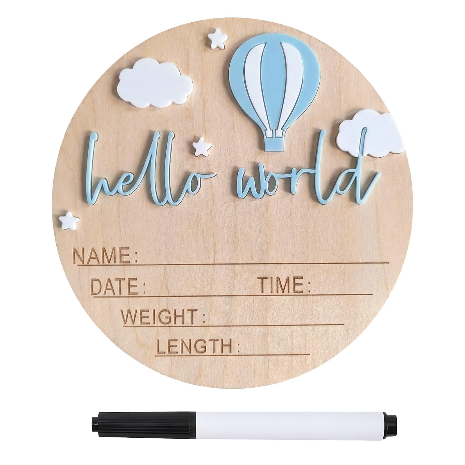 1Pc Hello World Sign 15cm/5.9in Wooden Baby Announcement Sign Babies Name and Birth Plaque for Nursery Home Hospital Newborn Gift (Blue)