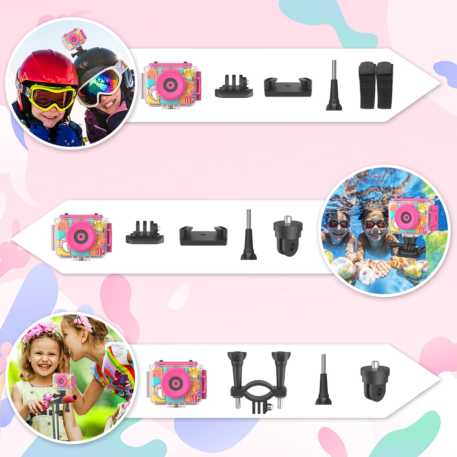 Ushining Appareil Photo Enfant Étanche, 1080P Caméra Vidéo d'action sous-Marine Enfant Appareil Photo Selfie Numérique avec Écran 2,0 Pouces Carte TF 32 Go, Cadeau pour Garçons et Filles 3-12 Ans,Rose