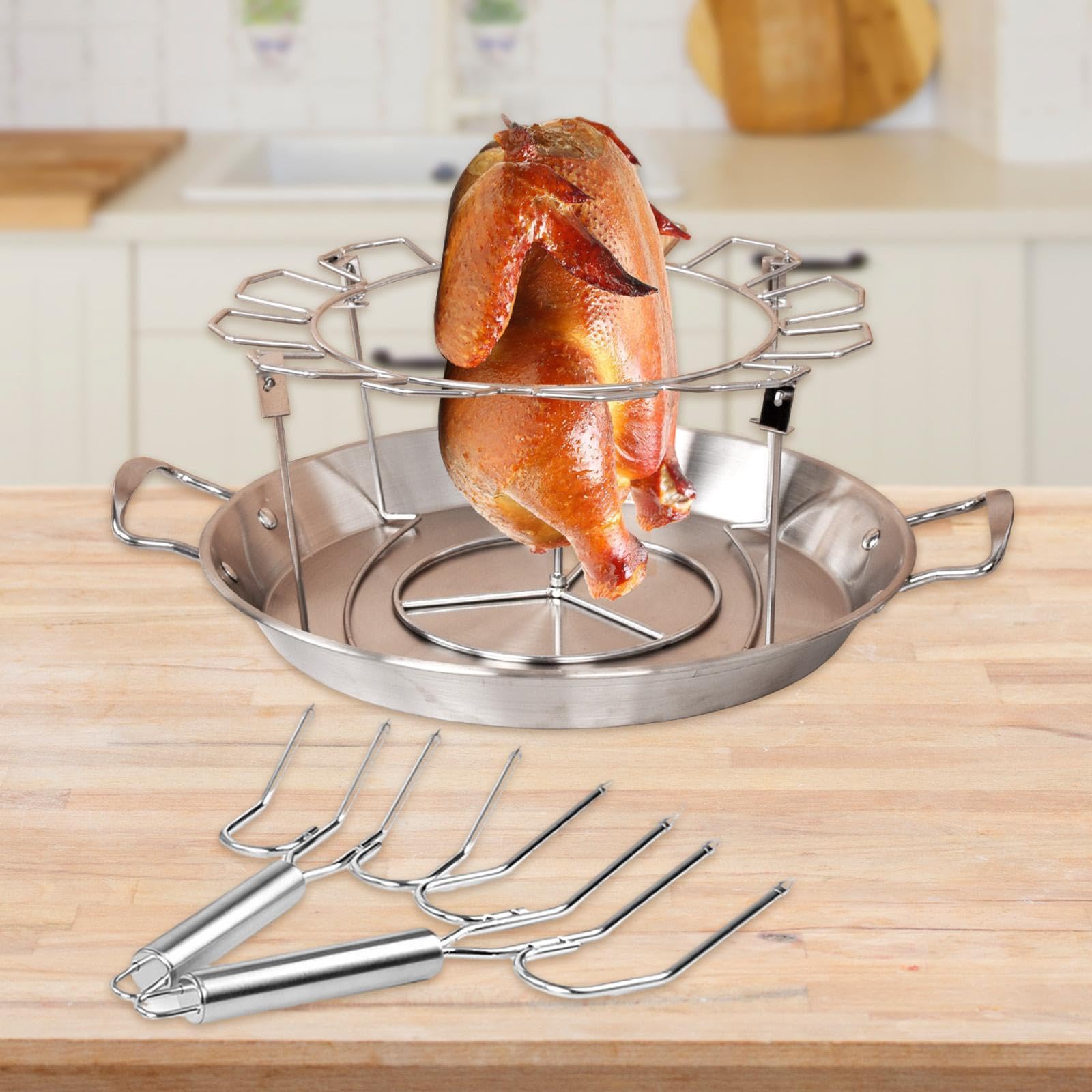Parrilla para Pollo con Bandeja de Goteo con Capacidad para 12 Muslos de Pollo Herramientas para cocinar y Asar a la Parrilla Verduras en brochetas Rejilla Acero Inoxidable para Muslos ala