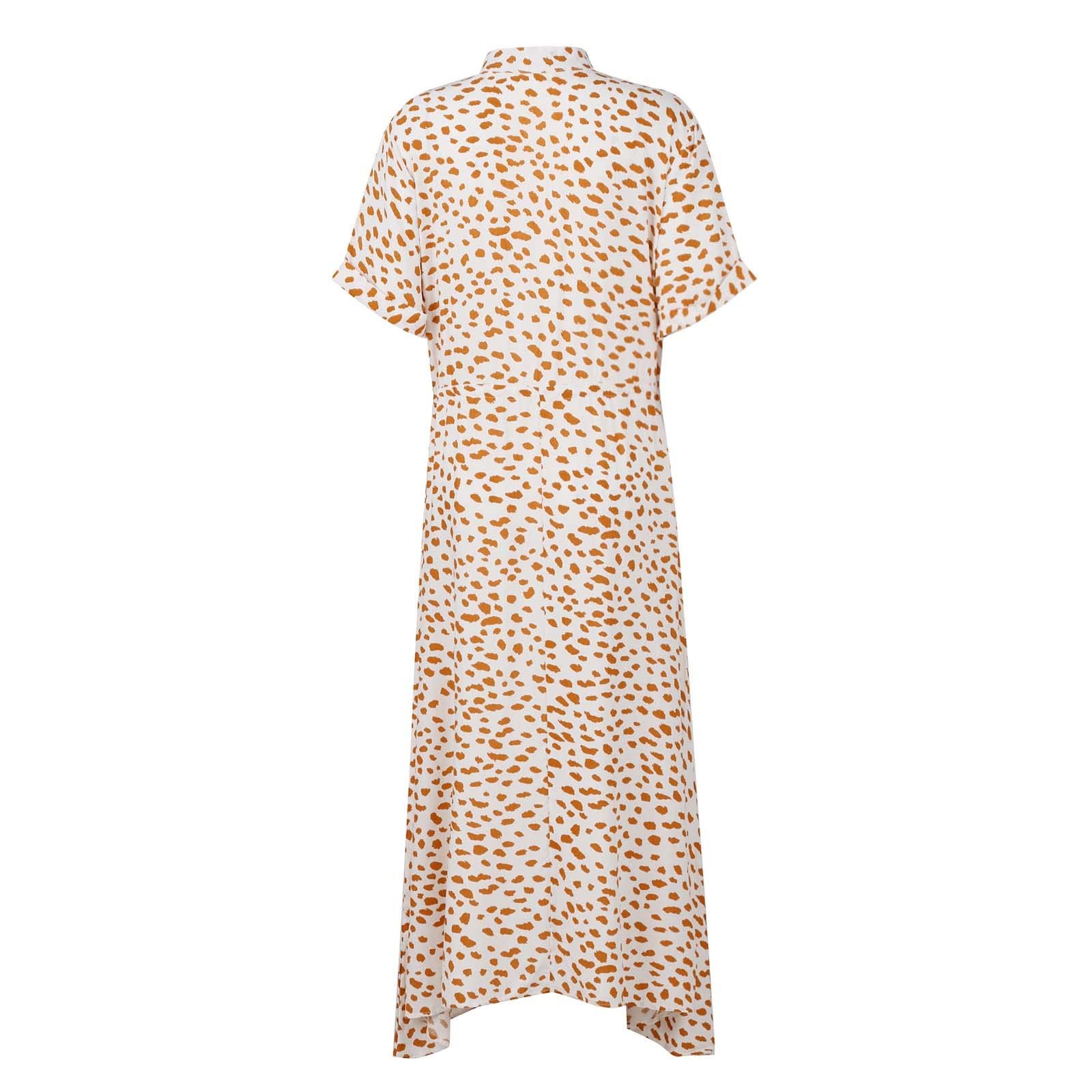 Kleider Damen Sommer Lang mit Arm Kleid Punkte A Linie Damen Sommerkleid Kurzarm Elegant Sommerkleider mit Knopfleiste Stehkragen Strandkleid Luftig Midi Gepunktetes Kleid mit Gürtel