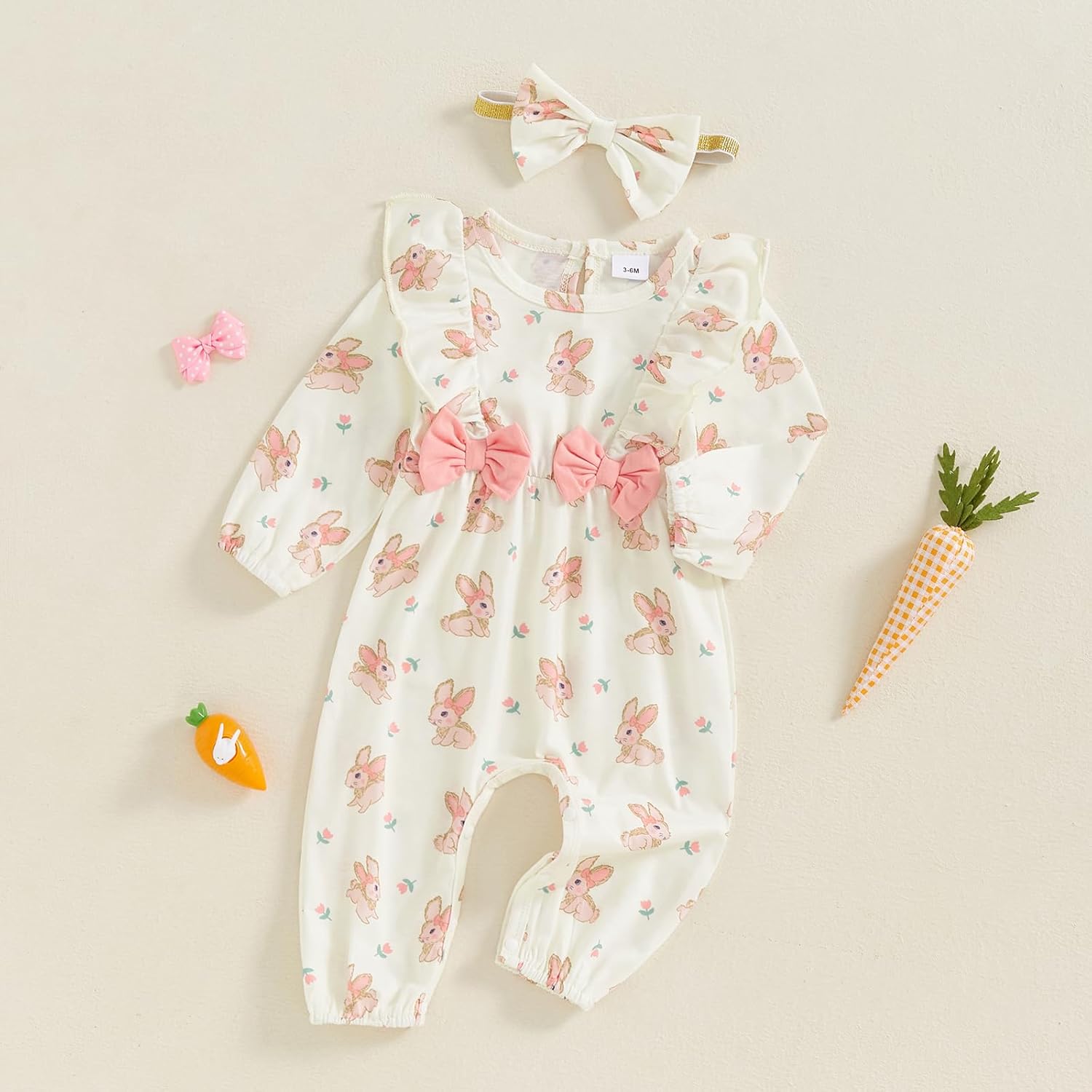 Newborn Baby Girl Easter Clothes Bunny/Duck Ruffle Sleeve Romper Jumpsuit with Headband One Piece First Easter Outfit - Image 3