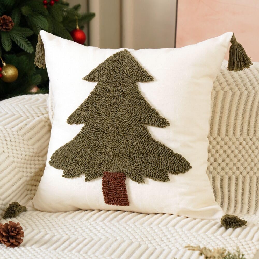 Rguct Christmas Pillow Covers 18x18 Farmhouse Christmas Tree Pillow Covers Tassels Hand Woven Couch Cushion Case for Sofa
