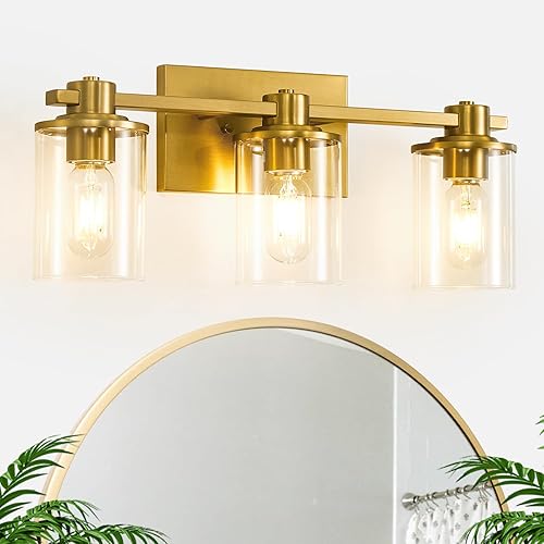 Lámparas de baño, 3 luces doradas cepilladas, luces de tocador de latón para baño con pantalla de vidrio transparente, luces de baño vintage