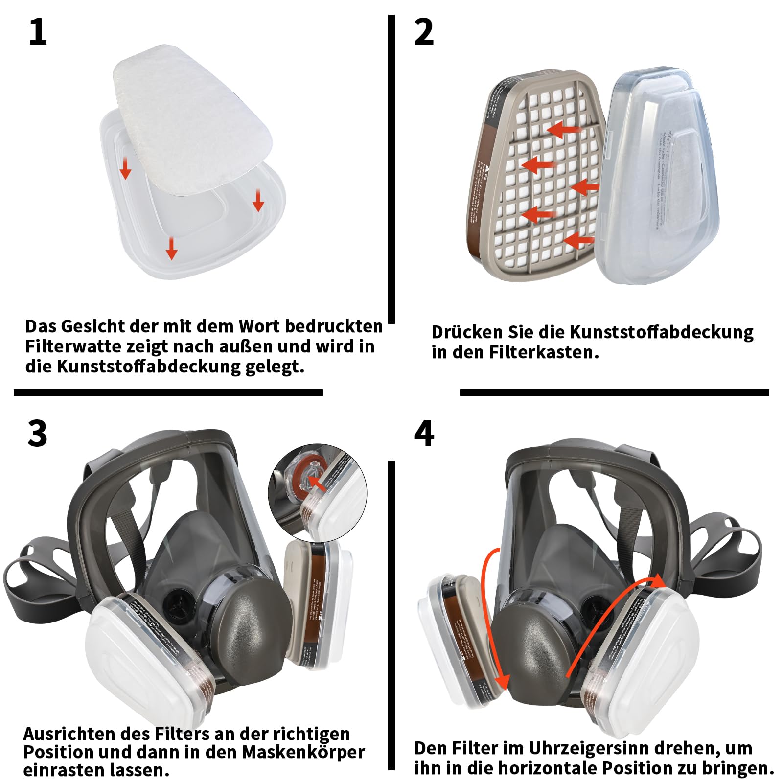 Faburo 2 Stück Atemschutzmaske Set, Gasmaske Lackiermaske mit 2 Vollgesichtsmaske + 4 Filterpatronen + 20 Baumwollfilter für Gase Dämpfe Chemikalien Sprühen, Feinstaubmaske Schutzmaske mit Filter