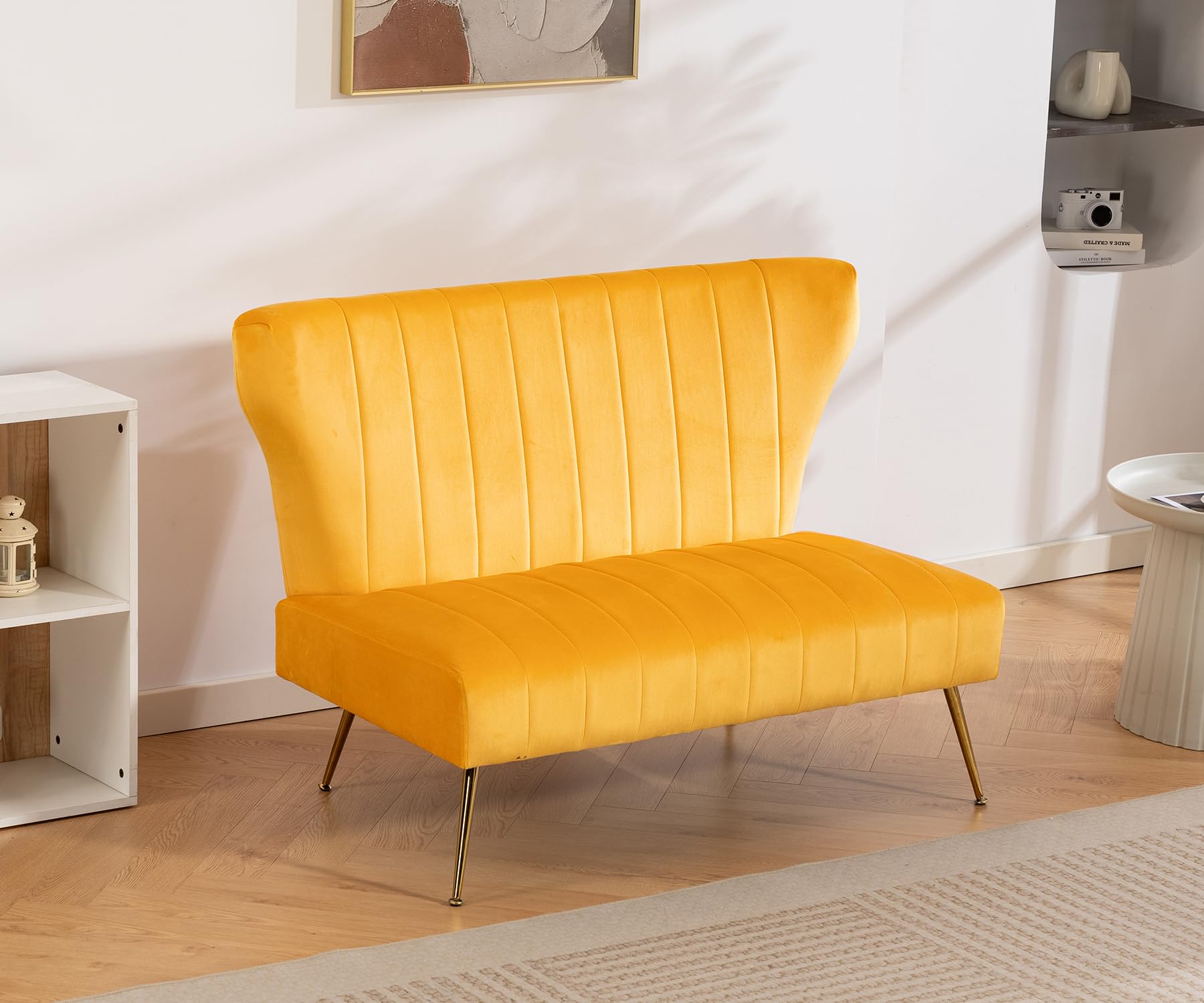 50 Velvet Modern Armless Loveseat for Living Room Bedroom Upholstered Small Wingback Couch Sofa with Gold Metal Legs