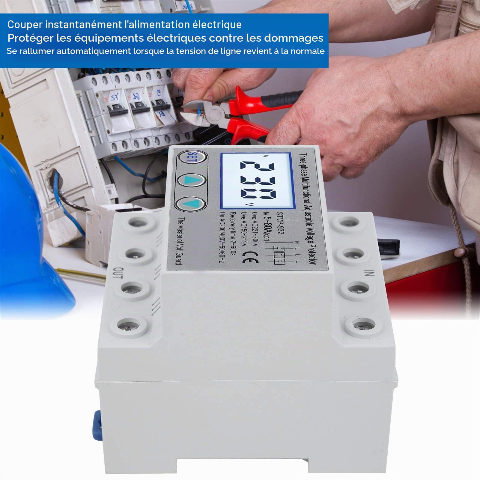 STVP 932 Stabilisateur de Tension Triphasé 63 A Protecteur de Tension Réglable avec Écran LCD et Réinitialisation Automatique pour Installation Industrielle et Commerciale