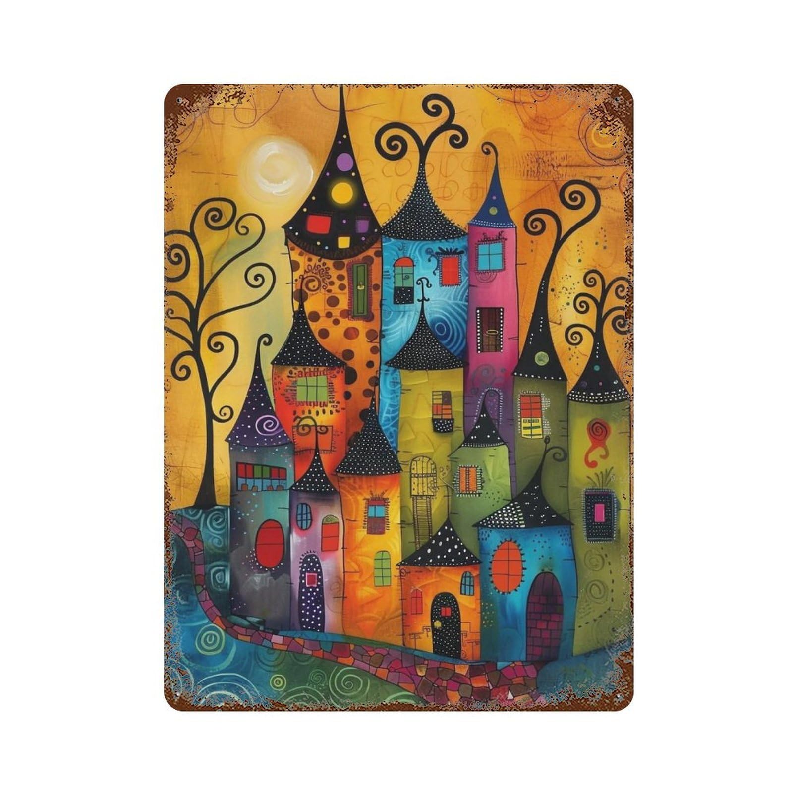 HDURYEYRYY Whimsical Colorful Fairy Town 03 Wall Retro Iron Vintage Art Metal Tin Sign Poster Modern Home Cofffee Club Art Bar Shop Decor Style 40x30cm