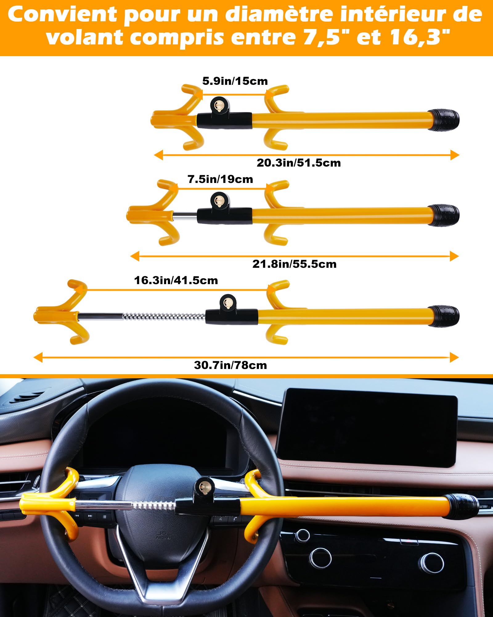 Tevlaphee Antivol Volant à 4 Crochets, Dispositif Antivol Robuste Haute Visibilité, Compatible Universel pour Voitures, Vans, SUV, Convient aux Volants jusqu'à 41,5 cm, 3 Clés Incluses(Jaune)