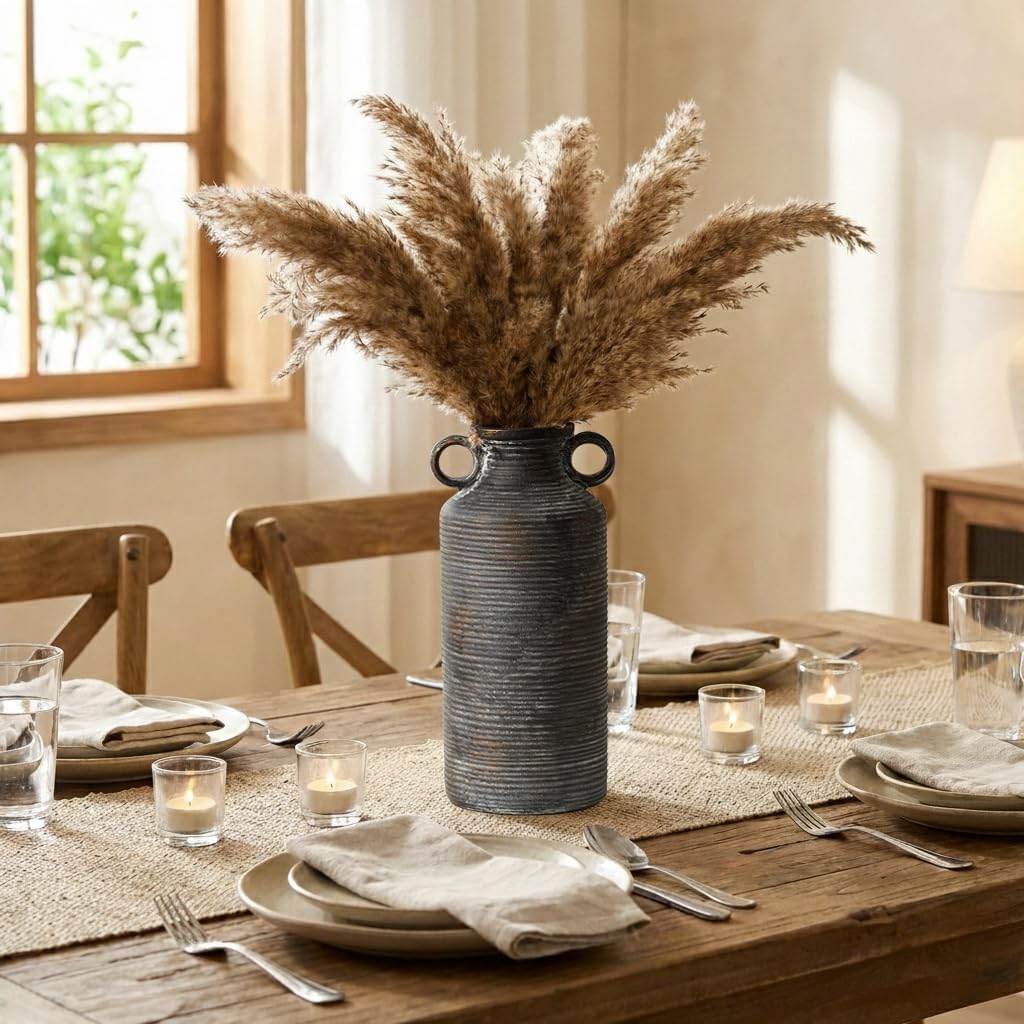 Ceramic Rustic Vase with 2 Round Handles, Antique Farmhouse Flower Vase, Vintage Terracotta Vases for Home Decor, Wedding, Living Room, Table, Shelf Decor - 10.2 Inch Tall, Black Bronze - Image 8