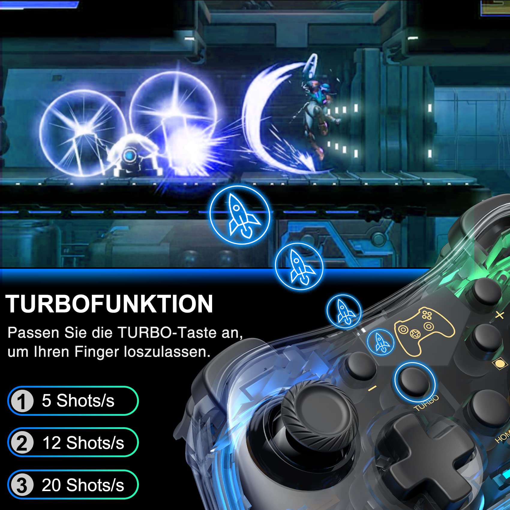 HASACOOL Manette Switch Pro avec transparent/lumineux/réveil/application de contrôle sans fil compatible avec Android/iOS/PC, Switch pour Switch/Lite/OLED