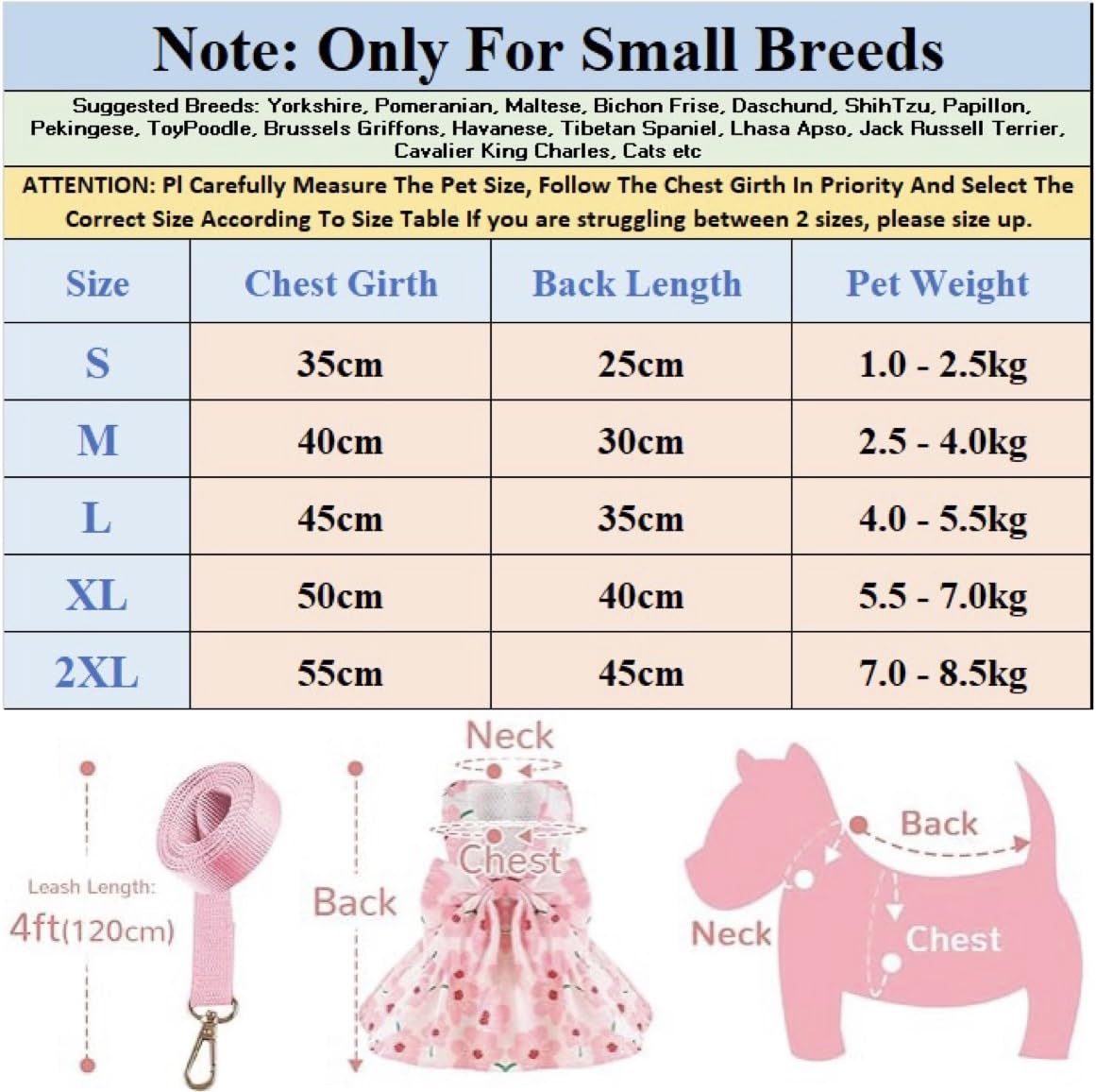 KUTKUT Polyester Dog Dress Bowknot Harness Leash Set For Small Dogs Cats Floral Pattern Girl Dog Dresses Cute Puppy Pet Doggy Breathable For Maltese,Shihtzu,Pekingese (Size: M,Chest: 40Cm,1 Count) 1