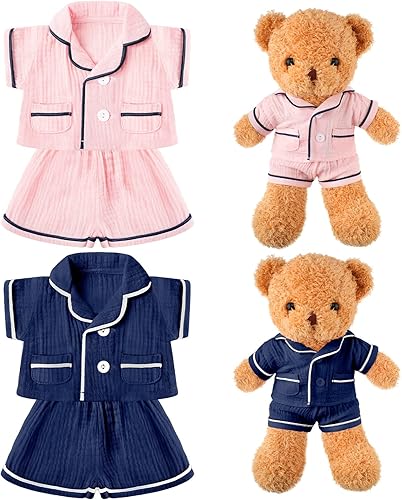 Hungdao 2 juegos de ropa de oso de peluche, accesorios de oso rosa y azul, pijama de doble capa de muselina de manga corta, pijama superior e