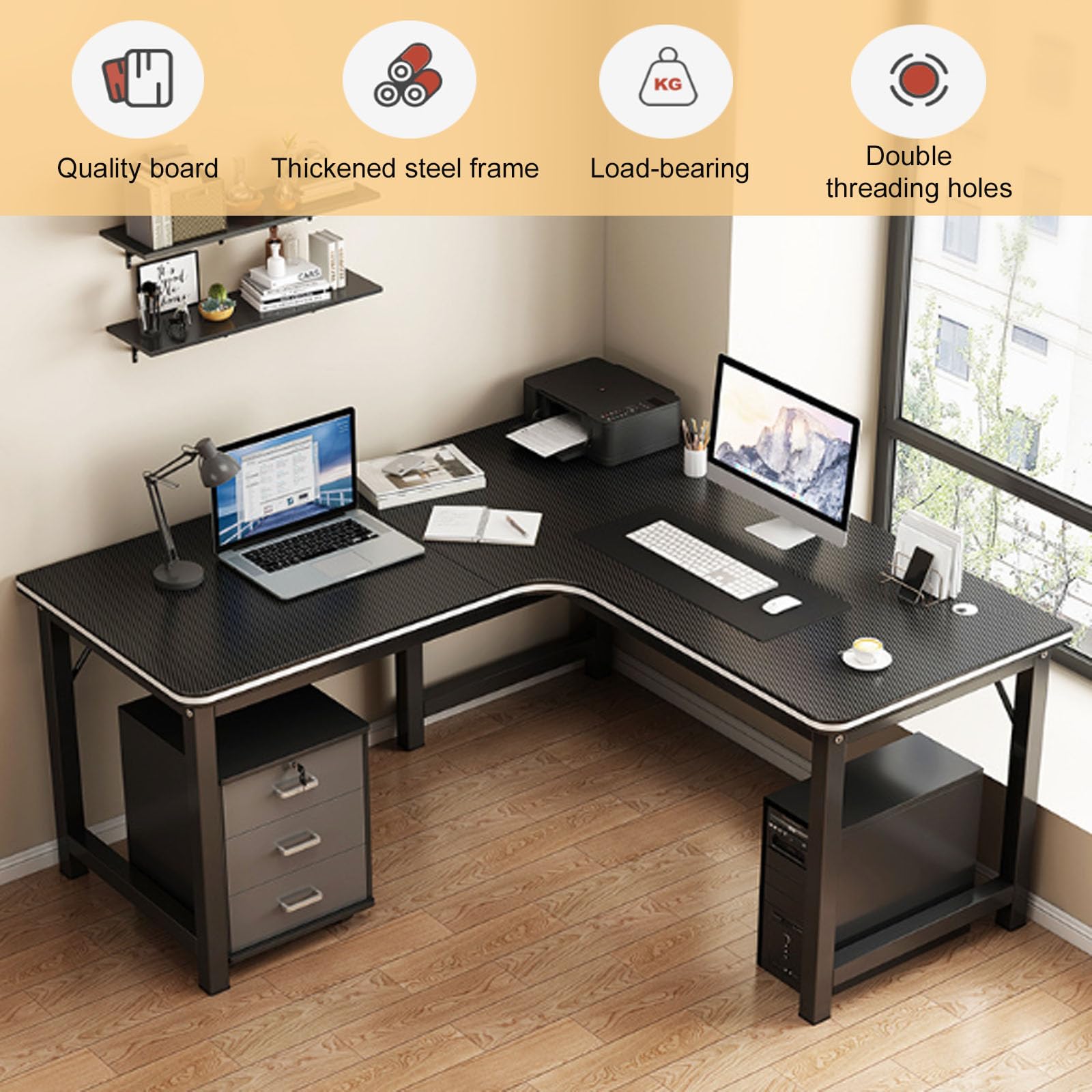 Scrivania A L DLisiting Per Computer, 101 Cm, Con Presa Multipla E Porte USB, Ripiani Regolabili, Per Piccoli Spazi, Casa E Ufficio, Nero