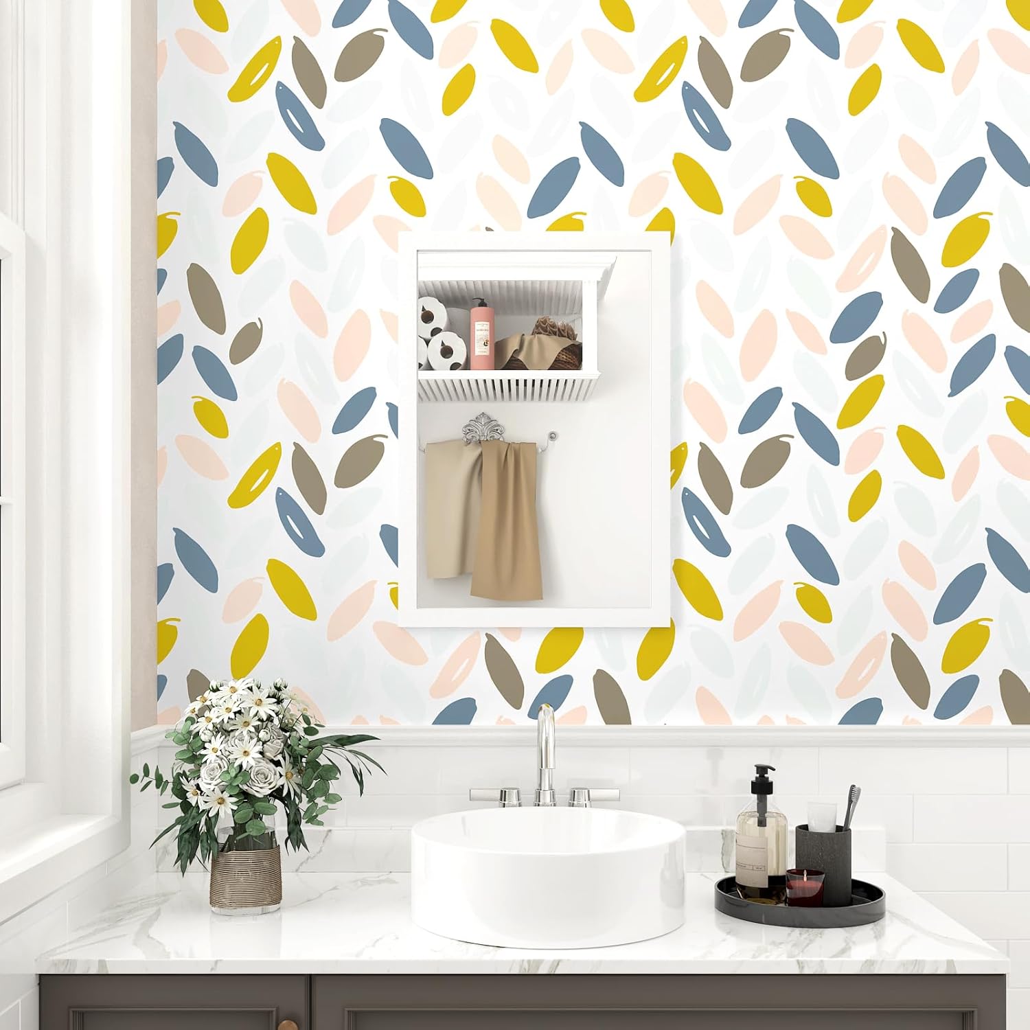 Colorful Leaf Wallpaper Peel and Stick Floral Wallpaper Geometric Leaf Wall Paper for Living Room Bedroom Kids Room White Contact Paper for Cabinets Removable Vinyl Wrap 17.5"x102"