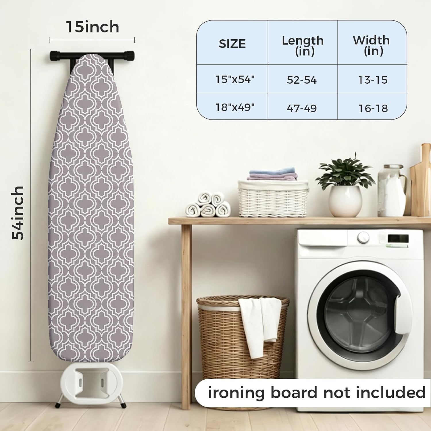 Ironing Board Cover and Pad Fits Standard Size 15x54 Inch Iron Boards Large Thick Cotton Padding Heavy Duty Scorch and Stain Resistant Elastic Edge Hook and Loop Fasteners for Home Apartment