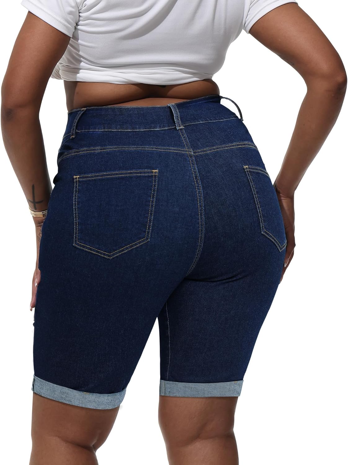 Womens Plus Size Jean Shorts High Waisted Stretchy Midi Bermuda Denim Shorts - Image 2