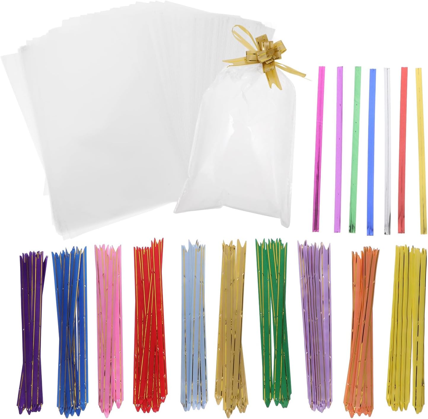 BIUDECO 400-count Cellophane Candy Bags 15 X 25 Cm with Pull Bows and 10 Cm Metal Twist Ties for Cookie Packaging and Party Treat Wrapping