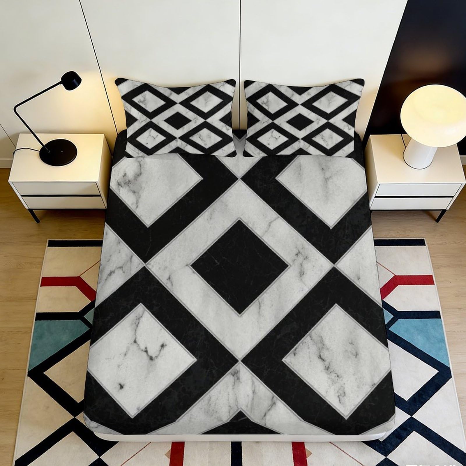 3D Printed Black Geometric Diamond Fitted Sheet Microfiber Soft Anti-Slip Modern Marble Bed Cover for Bedroom Guest Room Decor 90x200x25cm
