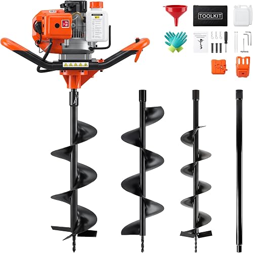 63CC 2-Stroke Gas Powered Auger Post Hole Digger with 6"/8" Auger Bits&Ext | Upgraded Earth Post Hole Digger, Power Auger for Fence Posts, Trees, Farm, Garden