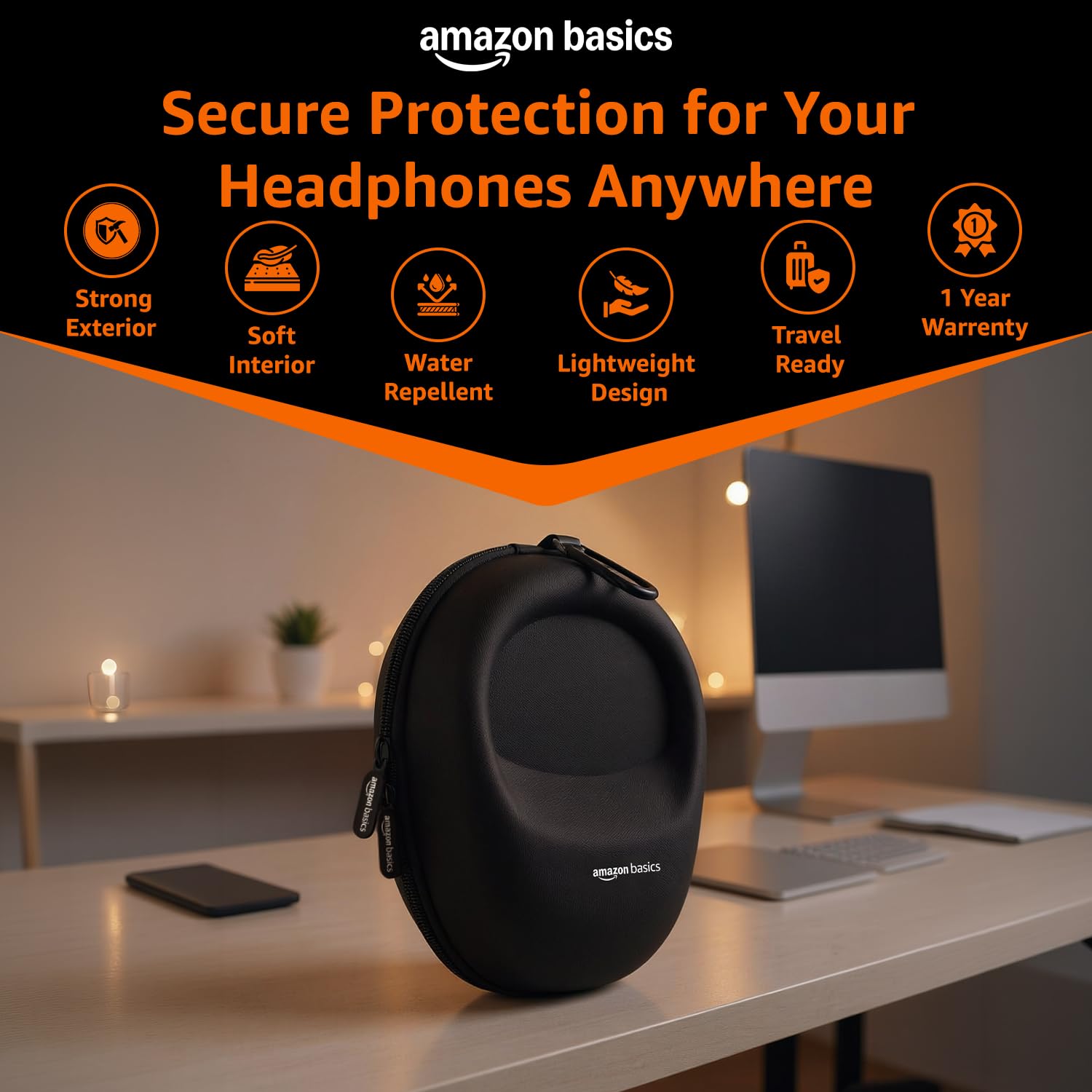 Amazon Basics Hard Shell EVA Headphone Carrying Case for Universal Oversized Over-Ear Headset, Shockproof, Water Repellent, Anti-Pressure Portable Protective Pouch/Storage Bag, Black