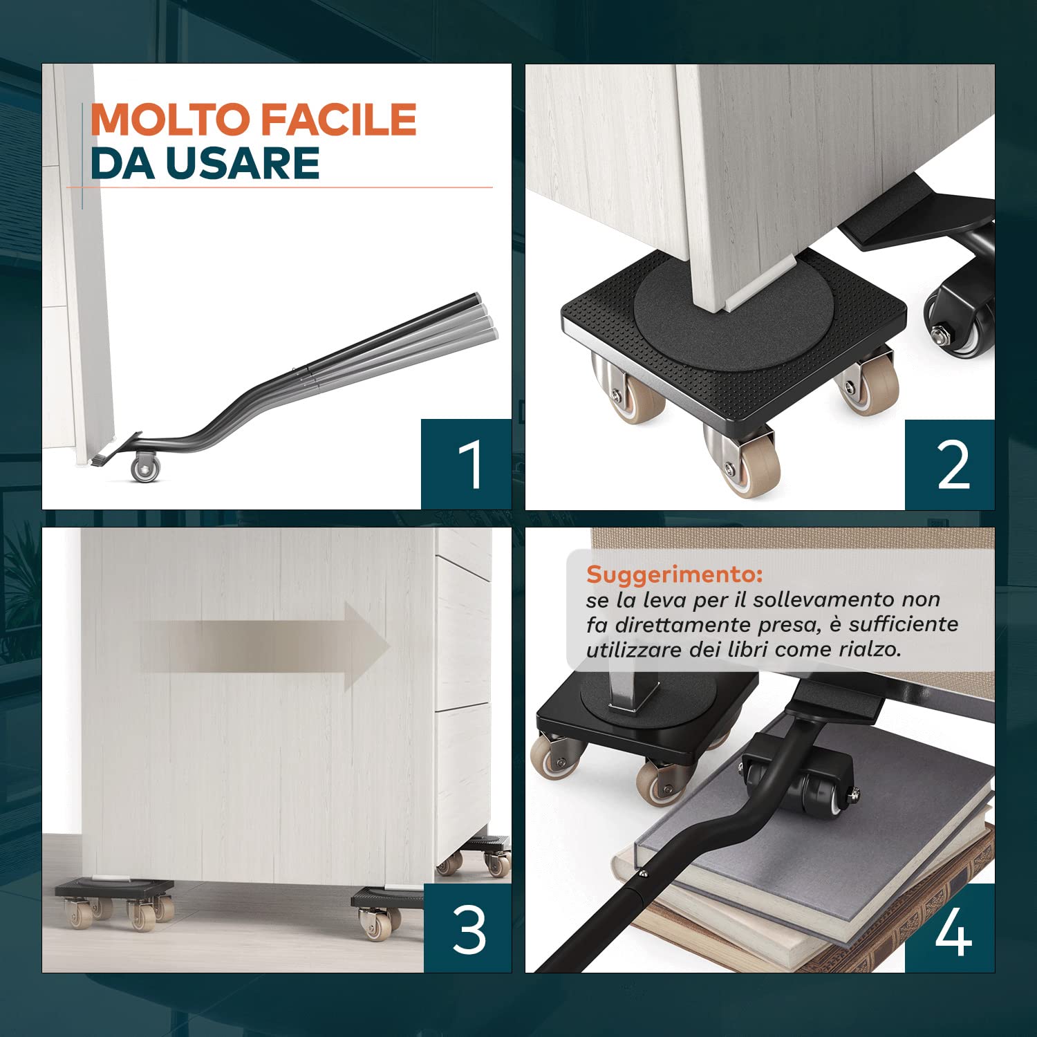 L'innovativo sollevatore mobili di FAIRMO (Con freni) - 4 ruote per mobili e 1 sollevatore mobili (incl. cuscinetti antiscivolo) - Ruote rivestite in TPE - Set con ruote per spostare mobili
