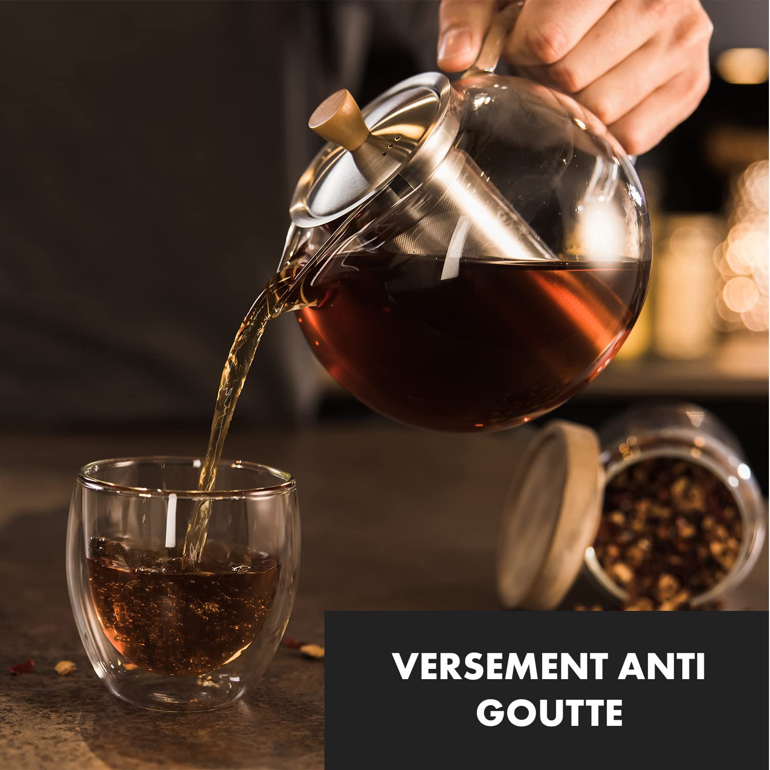 Théière en Verre Sans Chauffe (1,3L) - Avec Infuseur Inox, Élégante Poignée en Bois et Passoire en Acier Inoxydable